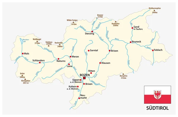 Mapa Simples Província Italiana Tirol Sul Língua Alemã Com Bandeira — Vetor de Stock