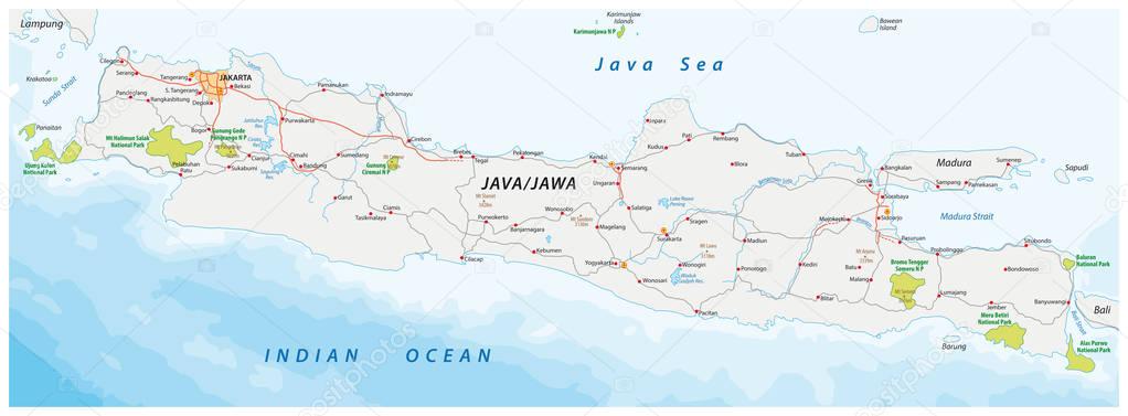 Vector road and national park map of the Indonesian island java