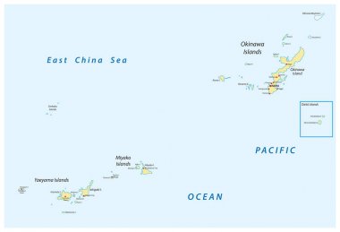 Japon Adası grup Okinawa, Miyako ve Yaeyama Adaları, Japonya Haritası detaylı vektör