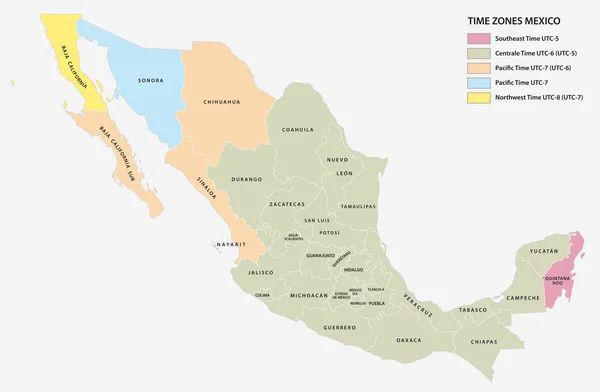 Vector Kaart Van Vijf Tijdzones Van Noord Amerikaanse Staat Mexico — Stockvector