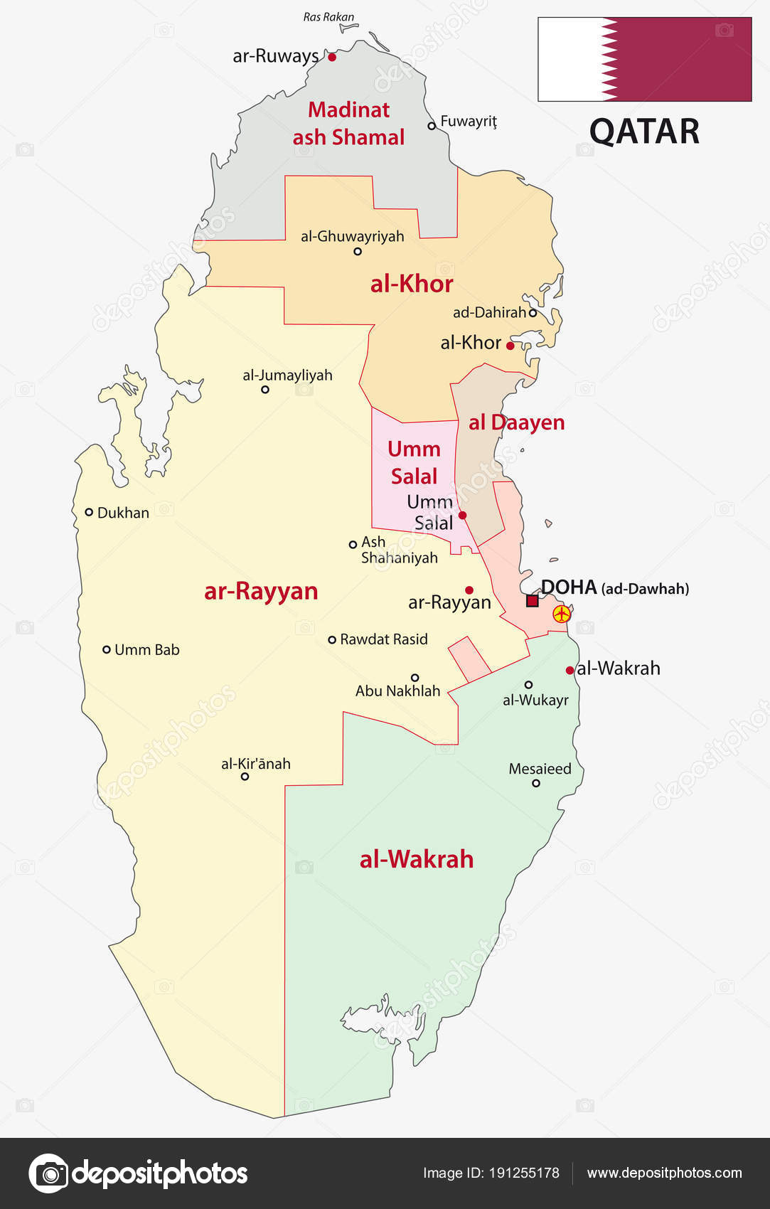 Qatar Administrative Und Politische Vektorkarte Mit Flagge