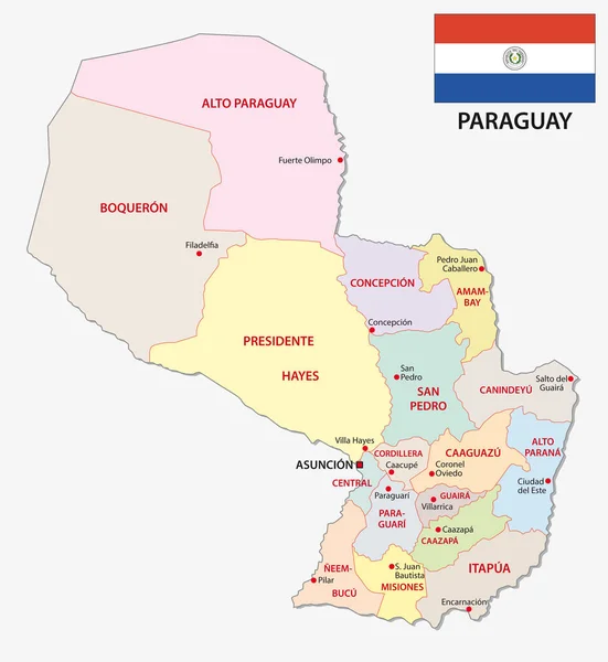 Paraguay Mapa Vectorial Administrativo Político Con Bandera — Vector de stock