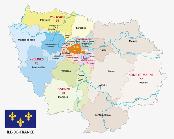 Ile France Διοικητικά Και Πολιτικά Διανυσματικό Χάρτη Σημαία Γαλλία — Διανυσματικό Αρχείο