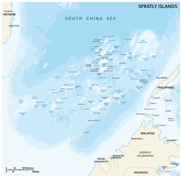 Map of the Malaysia, Philippines, Taiwan, Vietnam, People's Republic of China and Brunei controversial Spratly Islands in the South China Sea