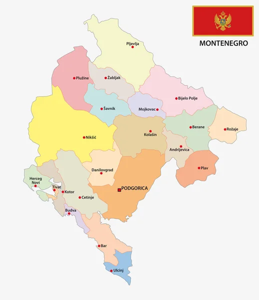 Mapa Vectorial Político Administrativo Montenegro Con Bandera — Vector de stock