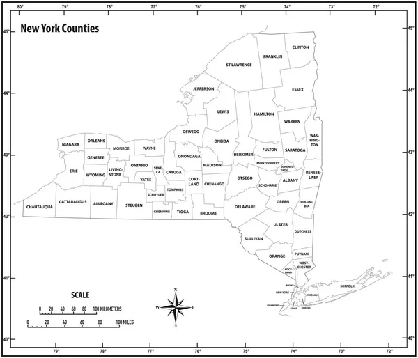New York Eyalet Anahat Idari Siyasi Vektör Harita Siyah Beyaz — Stok Vektör