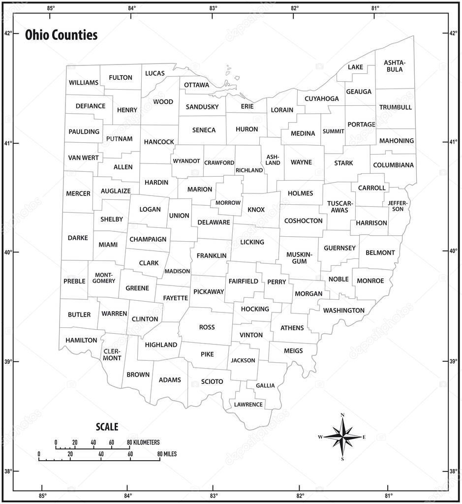 ohio state outline administrative and political vector map in black and white