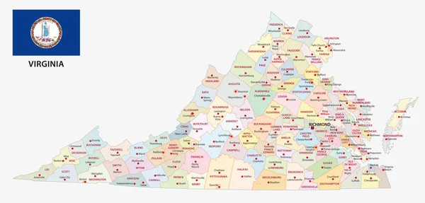 Virginia Mappa Vettoriale Amministrativa Politica Con Bandiera — Vettoriale Stock