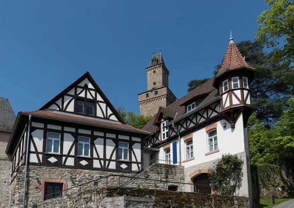 Bekijk Halve Houten Huisjes Kasteel Toren Historische Oude Stad Van — Stockfoto