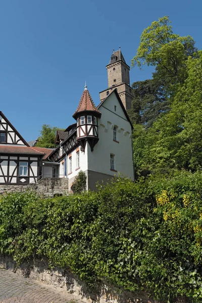 Bekijk Halve Houten Huisjes Kasteel Toren Historische Oude Stad Van — Stockfoto