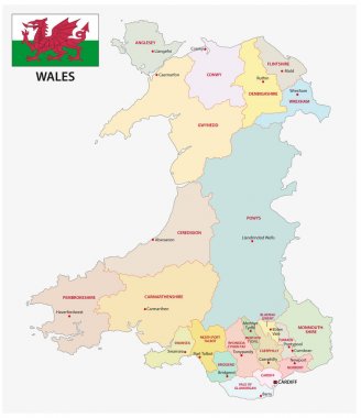 wales administrative and political vector map with flag clipart