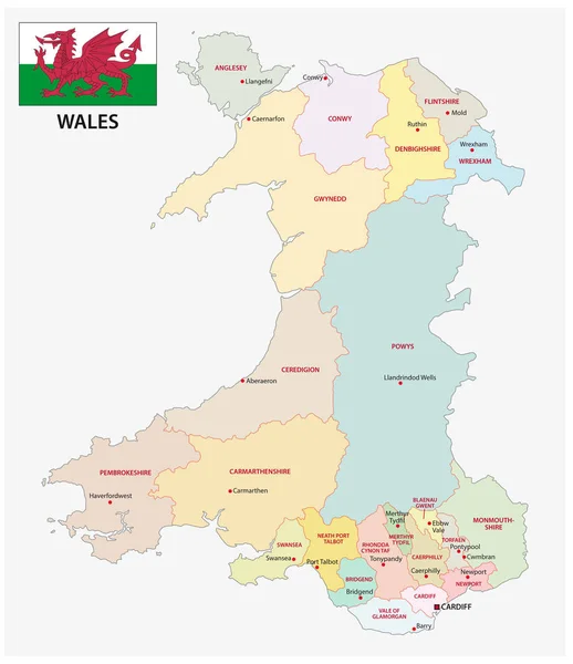Wales Mapa Vetorial Administrativo Político Com Bandeira — Vetor de Stock