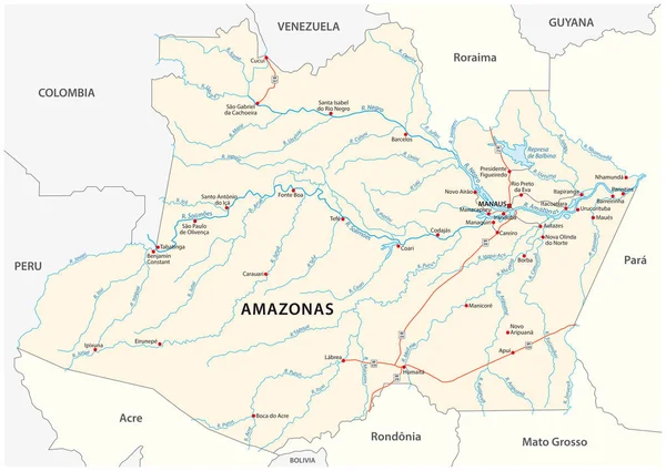 Carte Vectorielle Routière État Brésilien Amazonas — Image vectorielle