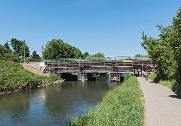 Frankfurt Main Deutschland Mai 2018 Sanierung Einer Alten Eisenbahnbrücke Über — Stockfoto