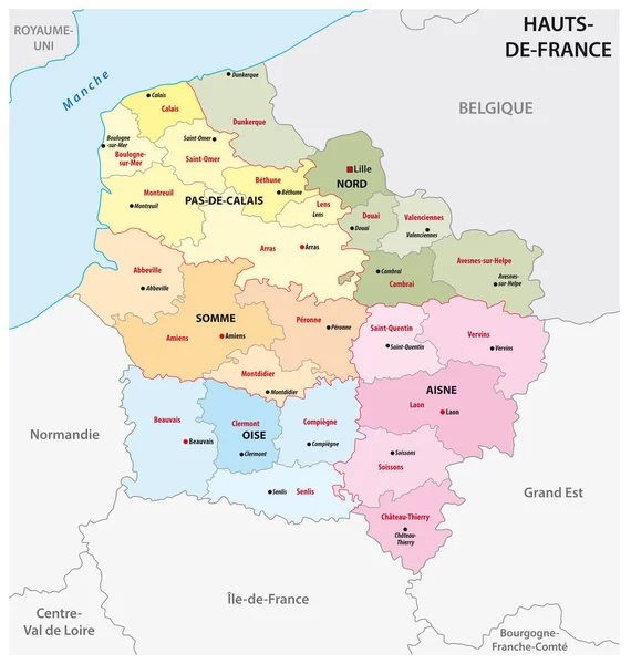 Mapa administrativo de la nueva región francesa Hauts de France — Vector de stock