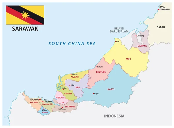 Mapa administrativo y político de la división malaya sarawak — Vector de stock
