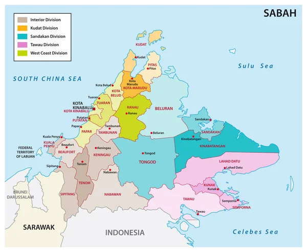 Verwaltungs- und politische Landkarte des malaysischen Staates Sabah — Stockvektor