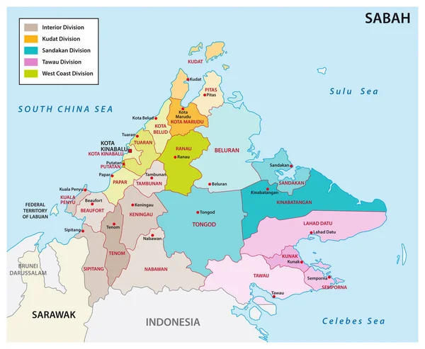 Administracyjna i polityczna mapa malajskiego państwa Sabah — Wektor stockowy