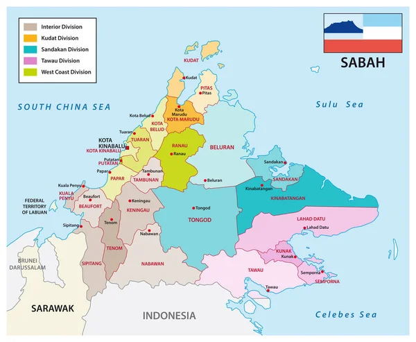 Administracyjna i polityczna mapa malajskiego państwa Sabah z flagą — Wektor stockowy