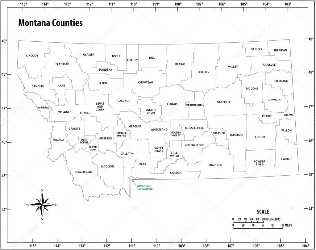 montana state outline administrative and political map in black and white