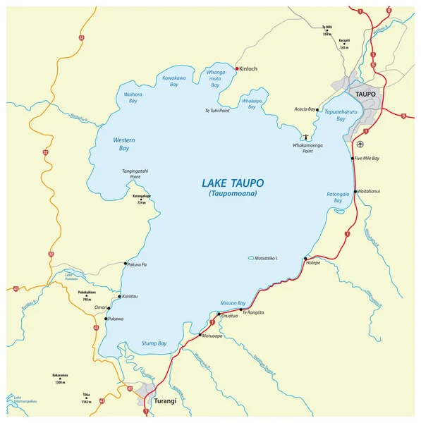 Mapa do Lago Taupo na Ilha Norte da Nova Zelândia — Vetor de Stock