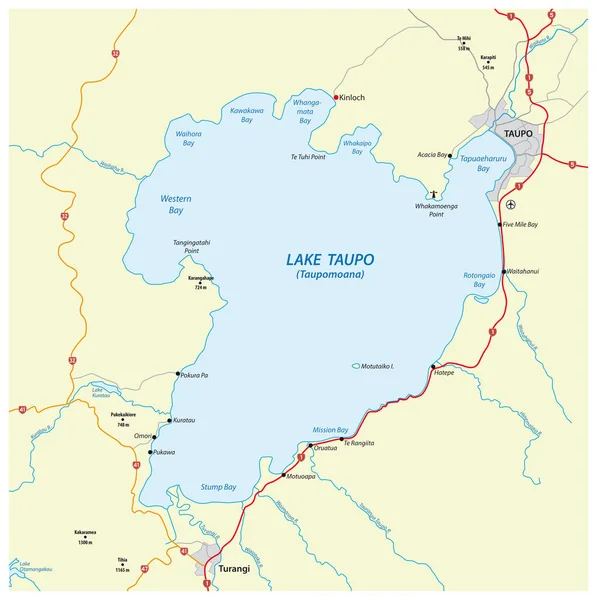 Carte du lac Taupo sur l'île du Nord de la Nouvelle-Zélande — Image vectorielle