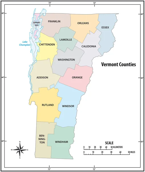 Vermont κατάσταση περίγραμμα διοικητικό και πολιτικό χάρτη στο χρώμα — Διανυσματικό Αρχείο