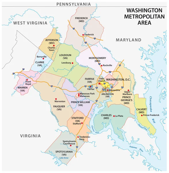 Washington Başkent Bölgesi 'nin haritası Washington DC merkezli metropolitan bölgedir. — Stok Vektör