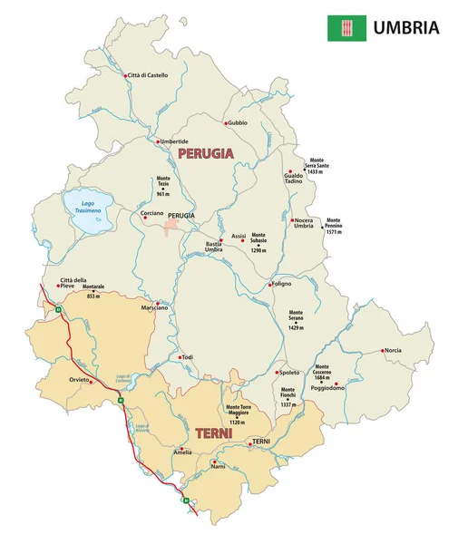 Mapa vial y administrativo de la región italiana Umbría — Vector de stock