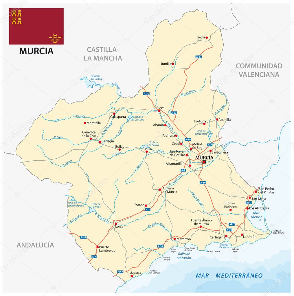 Road map of the Spanish region Murcia with flag