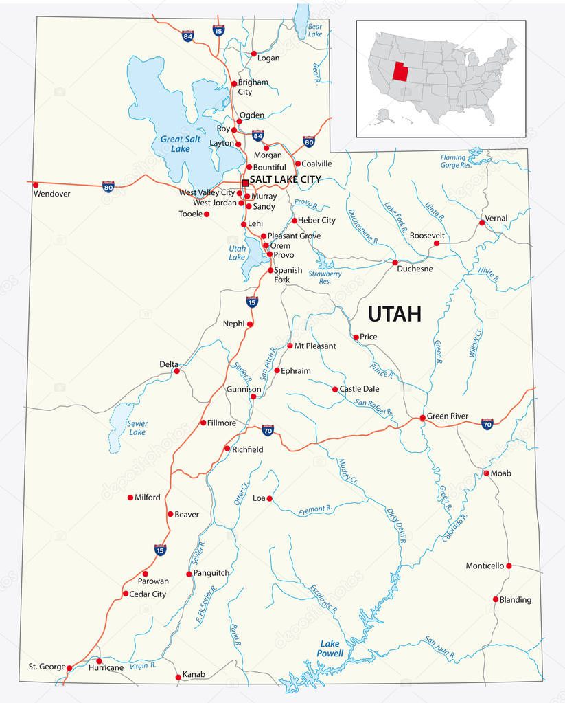 road map of the US American State of Utah