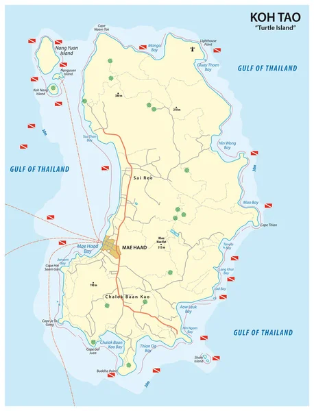 Mapa de mergulho da ilha tailandesa Koh Tao no Golfo da Tailândia —  Vetores de Stock