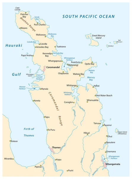 Übersichtskarte der neuseeländischen Coromandel-Halbinsel — Stockvektor