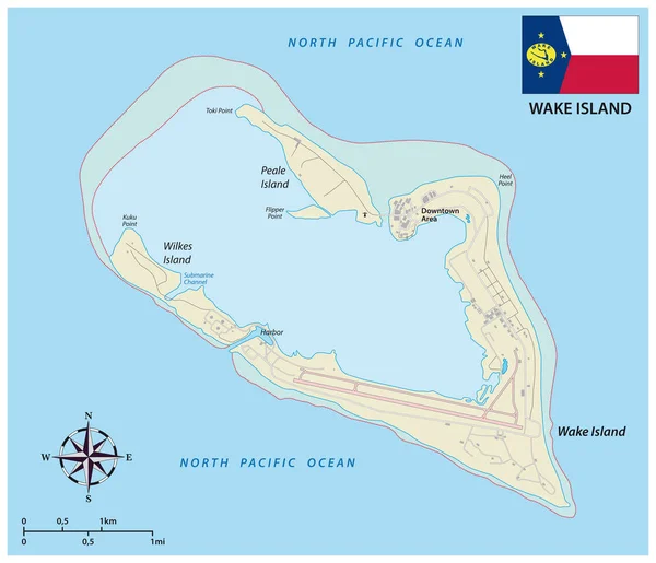 웨이크 섬 환초의 지도를 보면, 깃발을 단 미국의 무질서 한 지역이 그려져 있다 — 스톡 벡터
