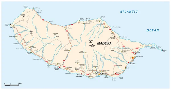 Road map of the Portuguese island of Madeira — Stock Vector