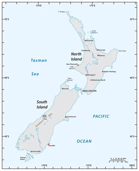 Simple map of New Zealand with degrees of longitude and latitude — Stock Vector