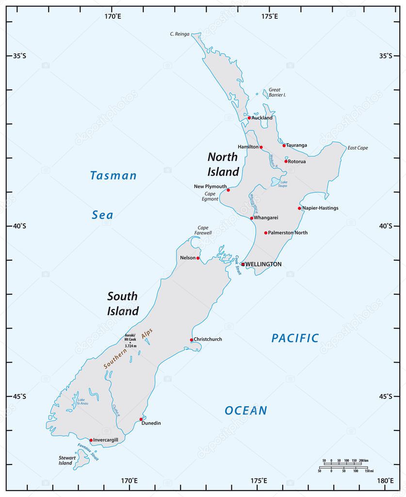 simple map of New Zealand with degrees of longitude and latitude