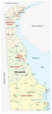 ABD 'nin Delaware eyaletinin yol ve idari haritası