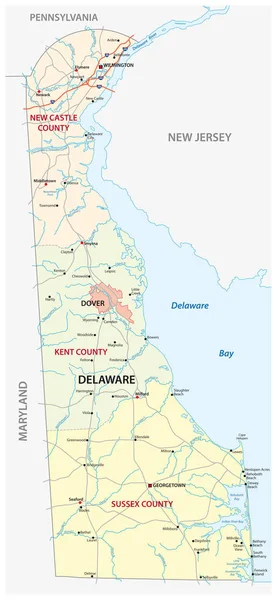 Vejkort og administrativt kort over den amerikanske delstat Delaware – Stock-vektor