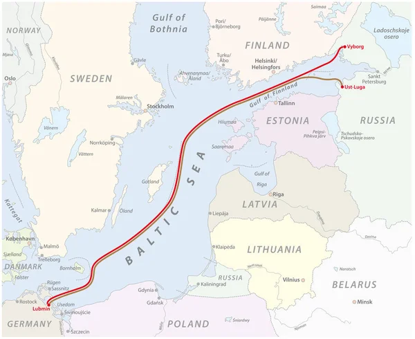Kaart van de gaspijpleiding tussen Rusland en Duitsland in de Oostzee — Stockvector