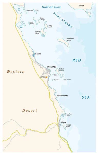 Karta över regionen kring den egyptiska kuststaden Hurghada vid Röda havet — Stock vektor