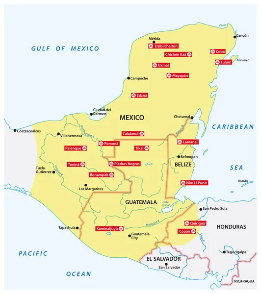 Χάρτης της Αυτοκρατορίας των Μάγια με τις πιο σημαντικές πόλεις της Κεντρικής Αμερικής — Διανυσματικό Αρχείο