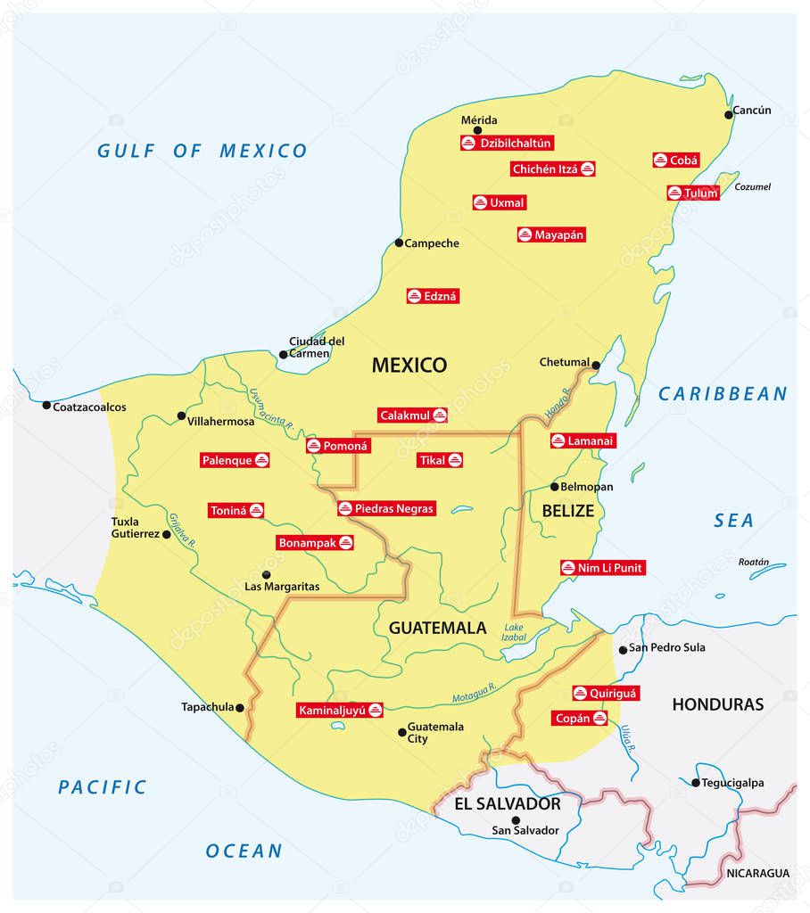 Map of the Mayan Empire with the most important cities in Central America