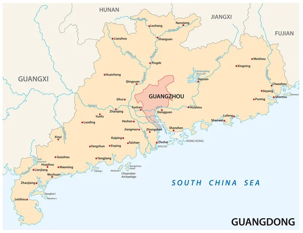 Map of the southern Chinese province of Guangdong with the most important cities — Stock Vector