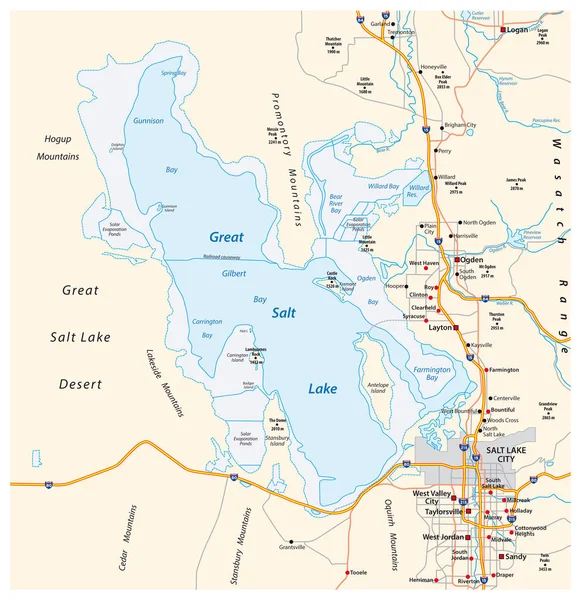 Χάρτης της μεγάλης αλμυρής λίμνης και αλυκής πόλης στην πολιτεία της Ουτάχ — Διανυσματικό Αρχείο