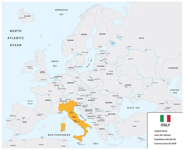 Ubicación de Italia en el continente europeo con pequeño recuadro de información y bandera — Archivo Imágenes Vectoriales