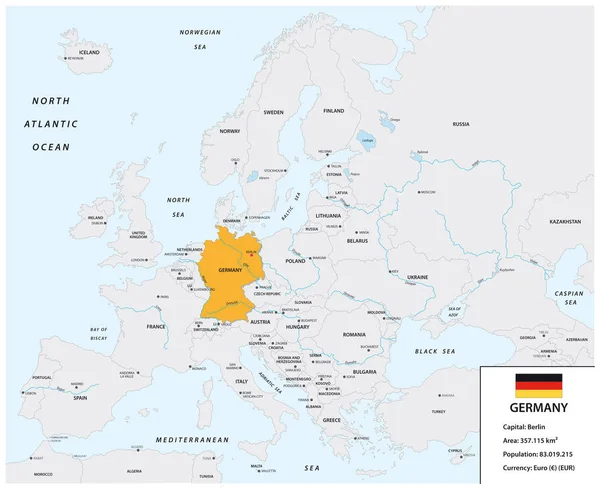 Location of Germany on the European continent with small information box and flag — Stock Vector