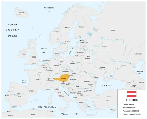 Emplacement de l'Autriche sur le continent européen avec petite boîte d'information et drapeau — Image vectorielle
