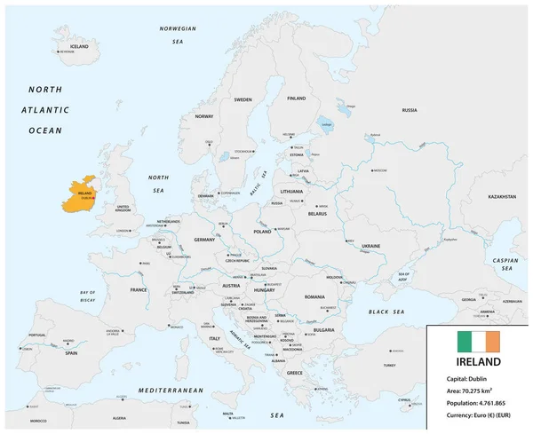 Ubicación de Irlanda en el continente europeo con pequeño recuadro de información y bandera — Archivo Imágenes Vectoriales