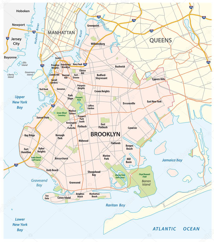 Map of the roads and neighborhoods of new york borough brooklyn